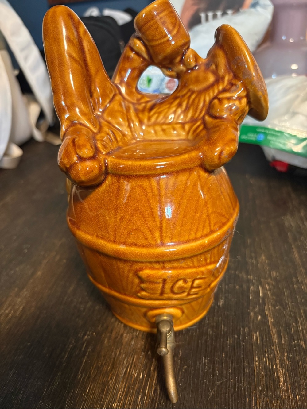 Vintage Ceramic Ice Barrel Dispenser in Warm Amber